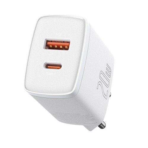 CARREGADOR BASEUS COMPACT 20W (USB-C+USB-A) WHITE